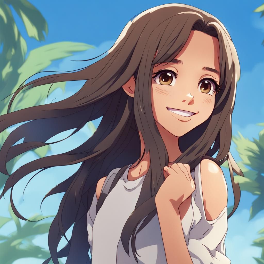 A beautiful tan girl resembling Jenna Ortega, smiling with h...