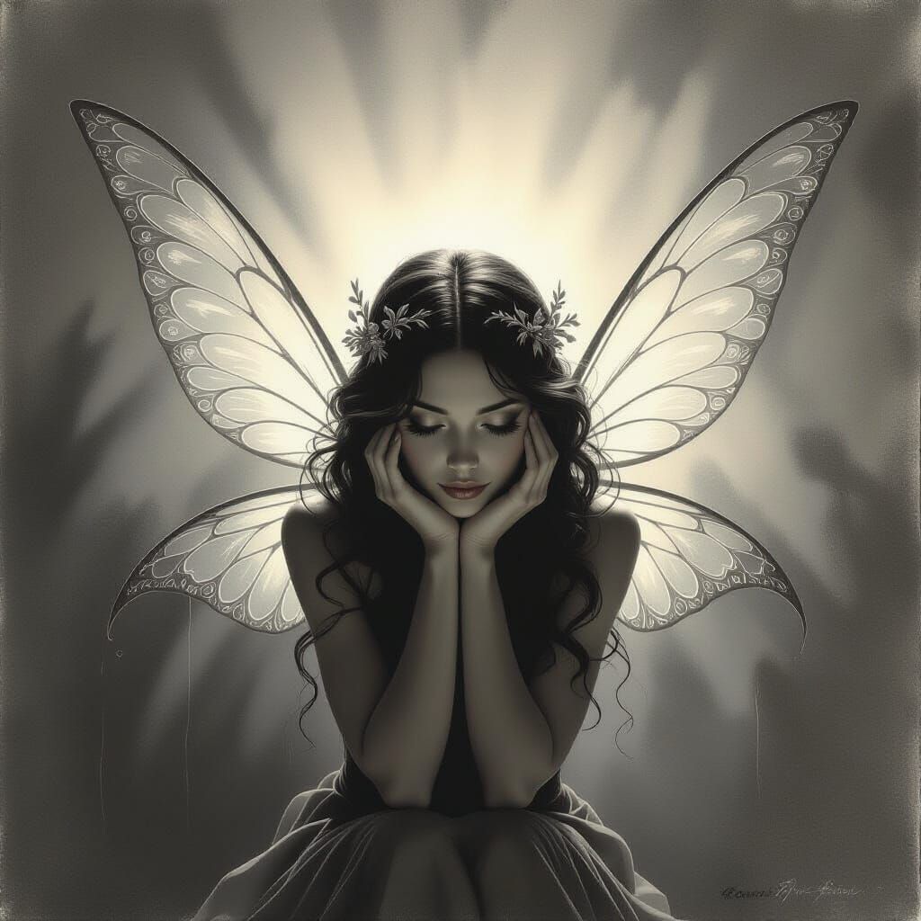 Mysterious Fairy with Lace Wings in Charcoal Drawing Style