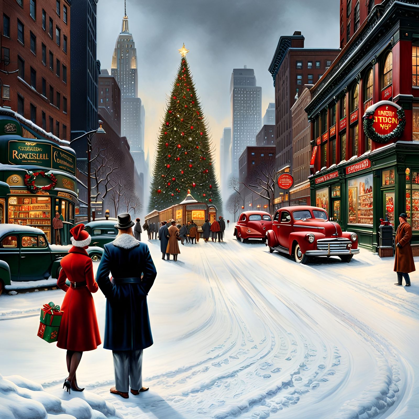 1950s Christmas Town Scene as Digital Art