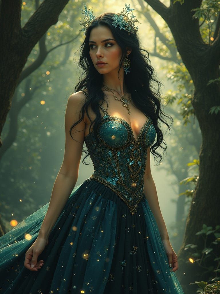 Ethereal Sorceress in Ancient Grove Illuminated by Glowing F...