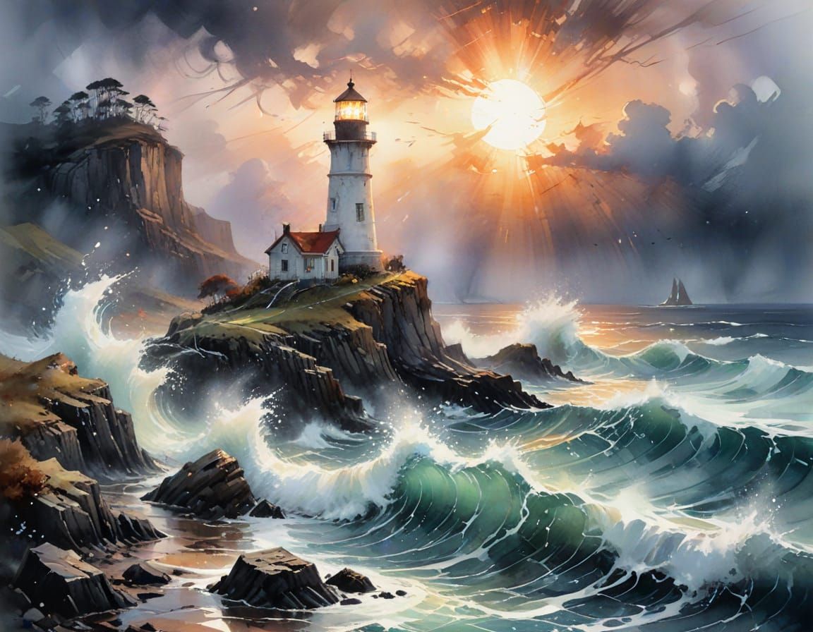 Tempest Coast Lighthouse in Haenraets Watercolor Style