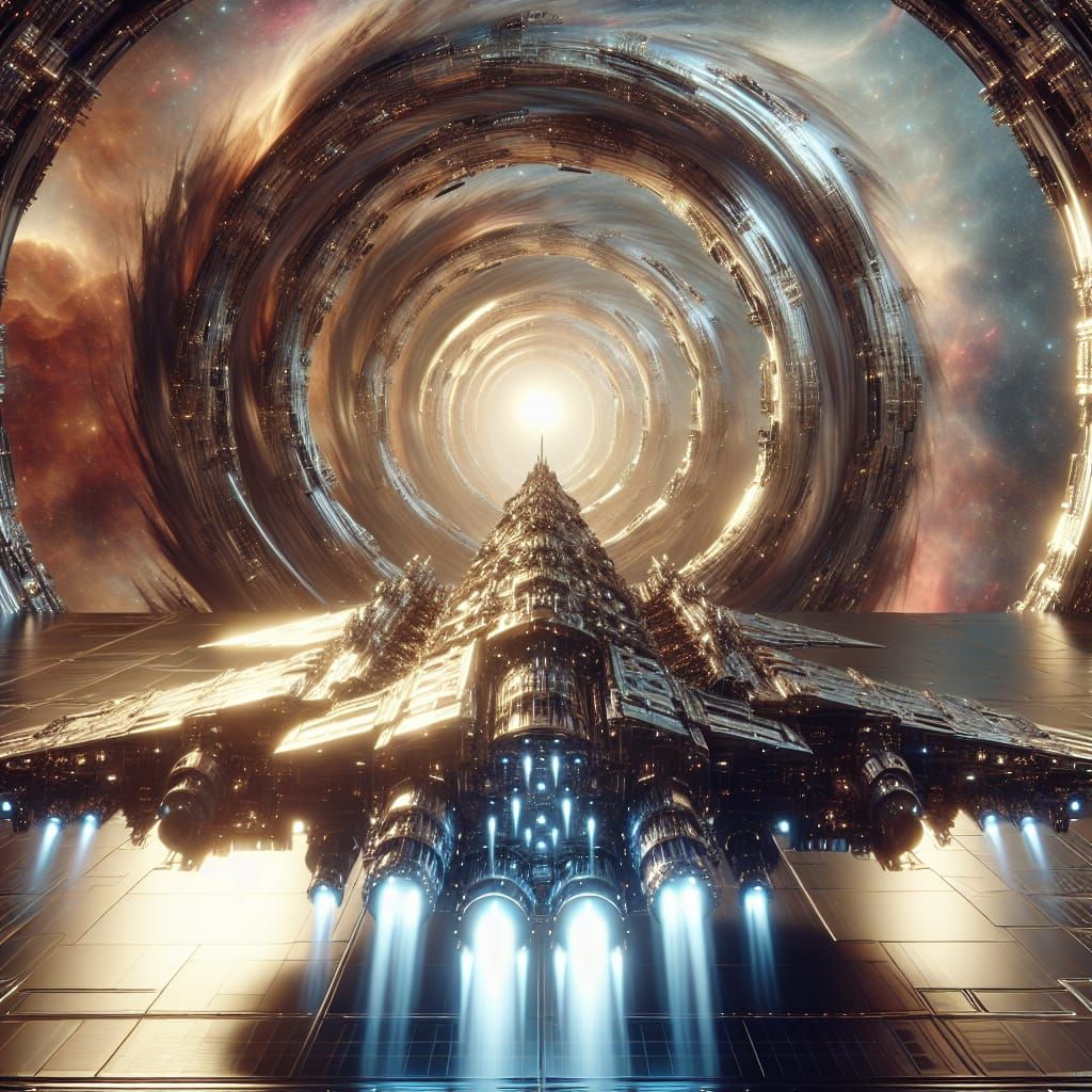 Majestic Spaceship Sails Through Ethereal Wormhole