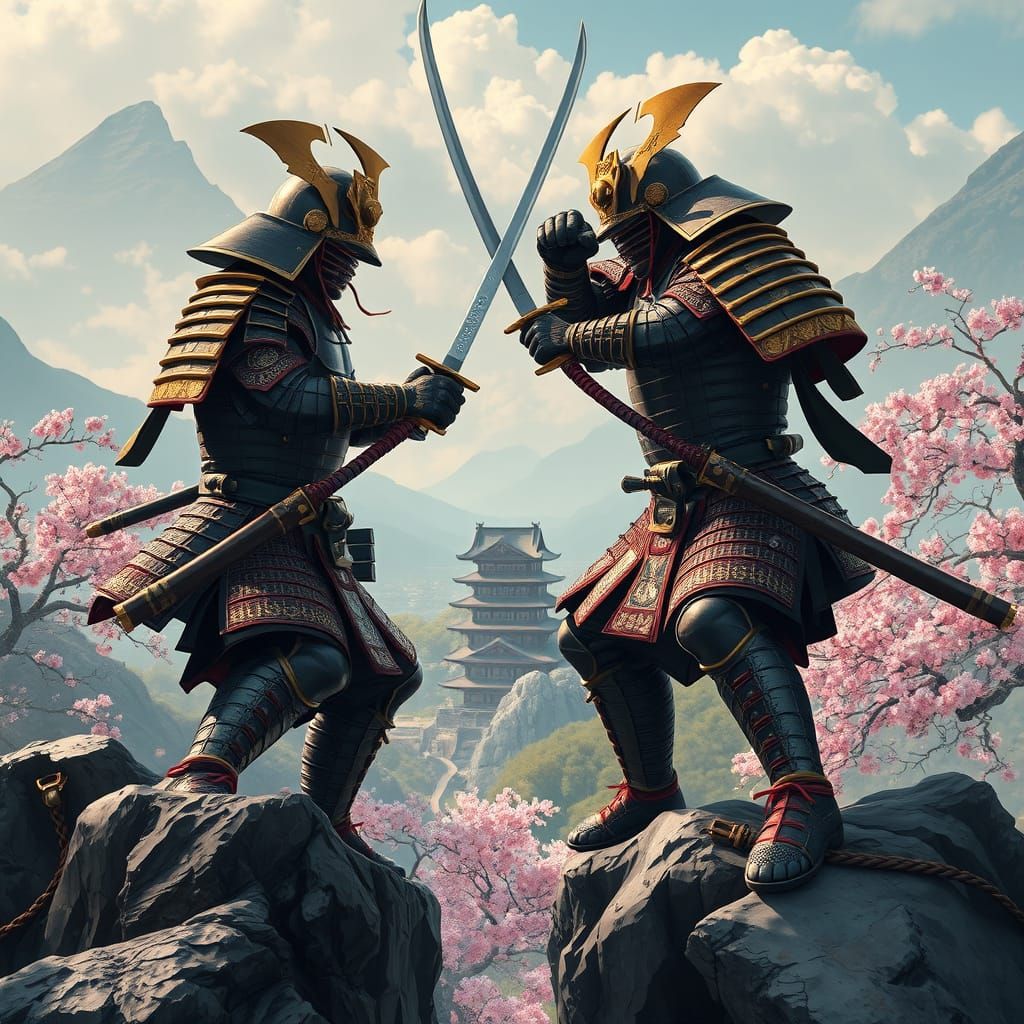 Samurai Battle on Mountain Edge in Psychedelic Style
