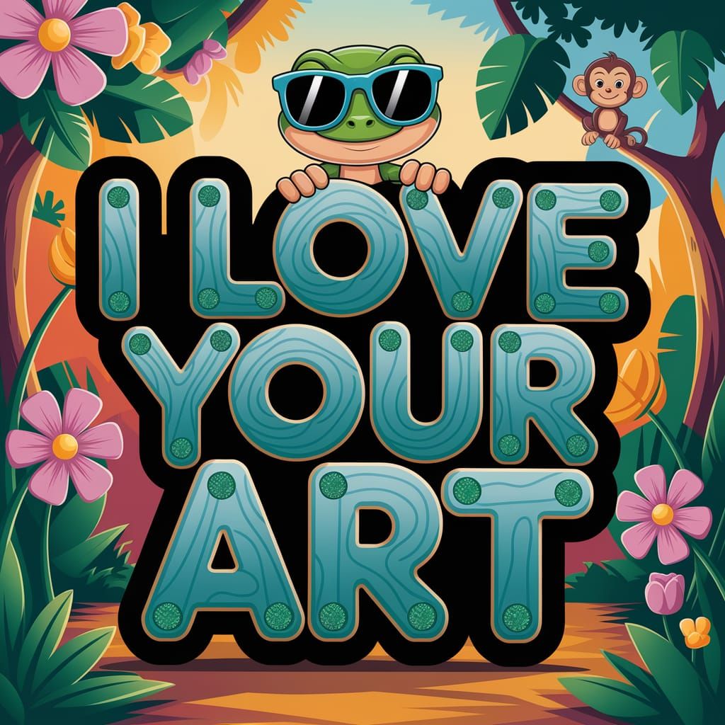 A 3d cartoon plaque that says "I LOVE YOUR ART" in big, chun...