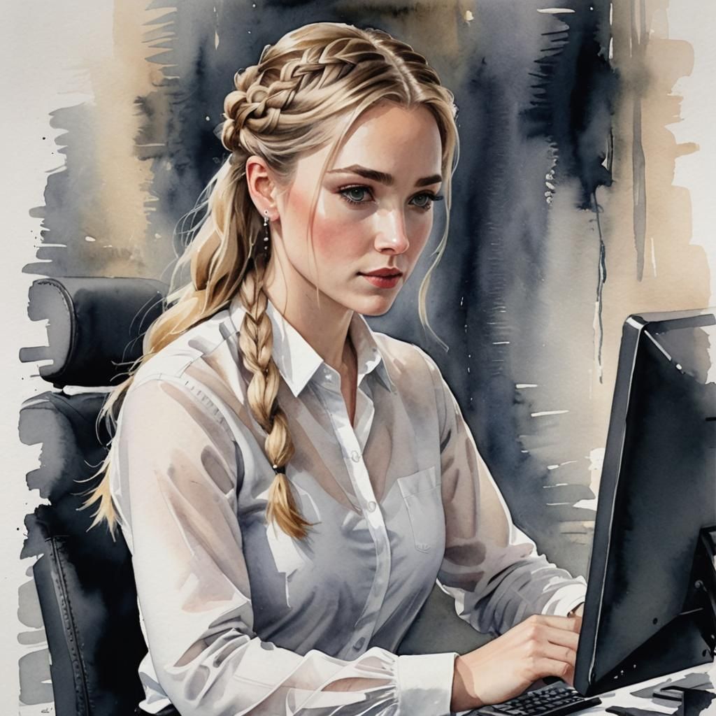 Girl Working at Computer: Watercolor Painting