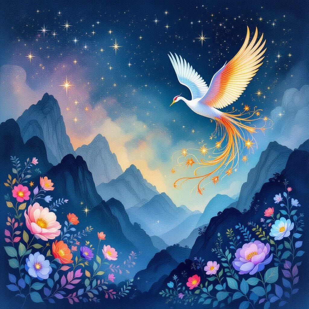 Celestial Garden Blooms From Ink, Mountains and Phoenix