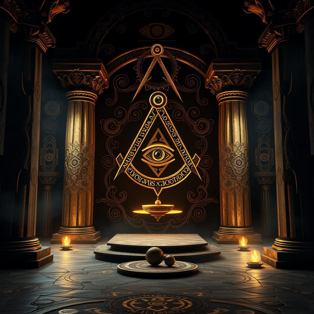 Mystical Masonic Scene with Square and Compass, Level, and A...