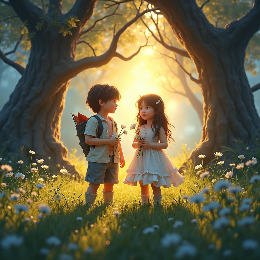 Children in Meadow with Flowers, Fantasy Concept Art