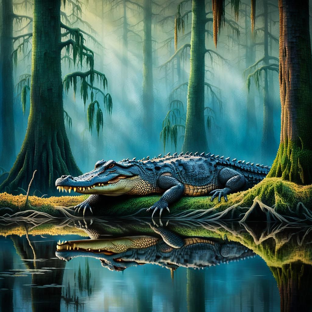 Majestic Cypress Swamp Alligator in Vibrant Southern Folk Ar...