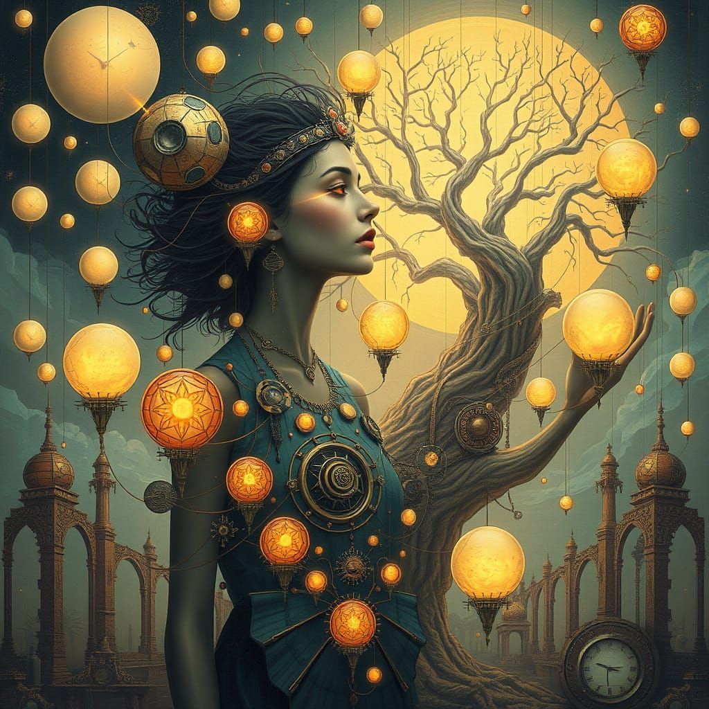 Surreal Woman Amidst Glowing Orbs and Crystalline Structures