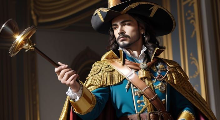 Musketeer in Lavish Ballroom: Baroque Oil Painting
