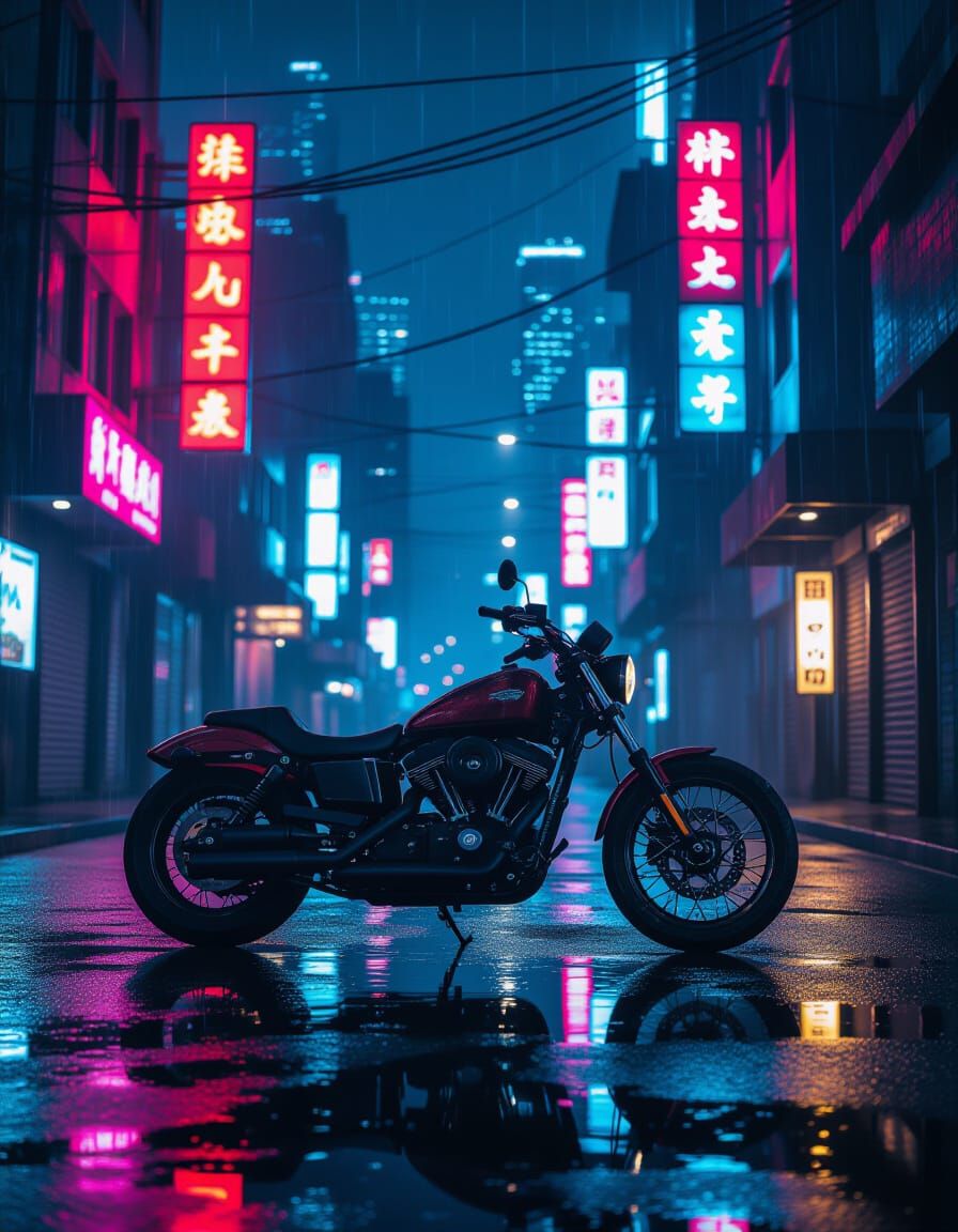 Cyberpunk Motorcycle on Rainy Midnight Street