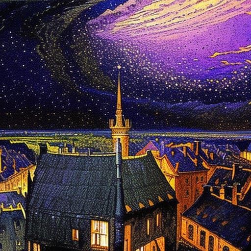 Tallinn Alley: Dreamy Night Sky in Impressionistic Style