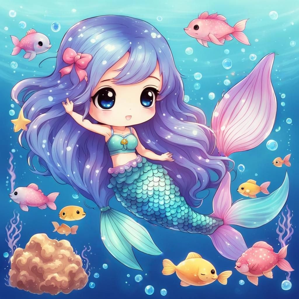 Kawaii Mermaid in Anime Cartoon Style