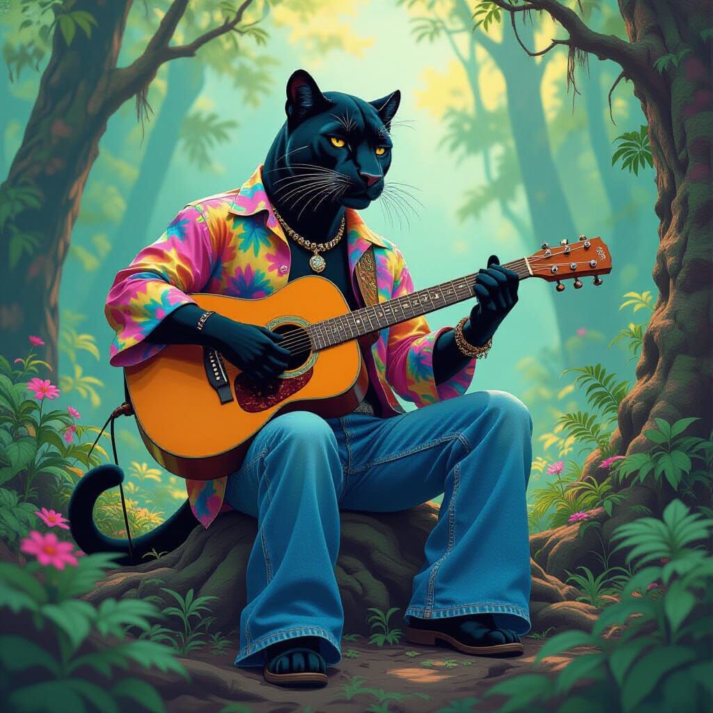 Psychedelic Panther Guitarist in a Colorful Forest