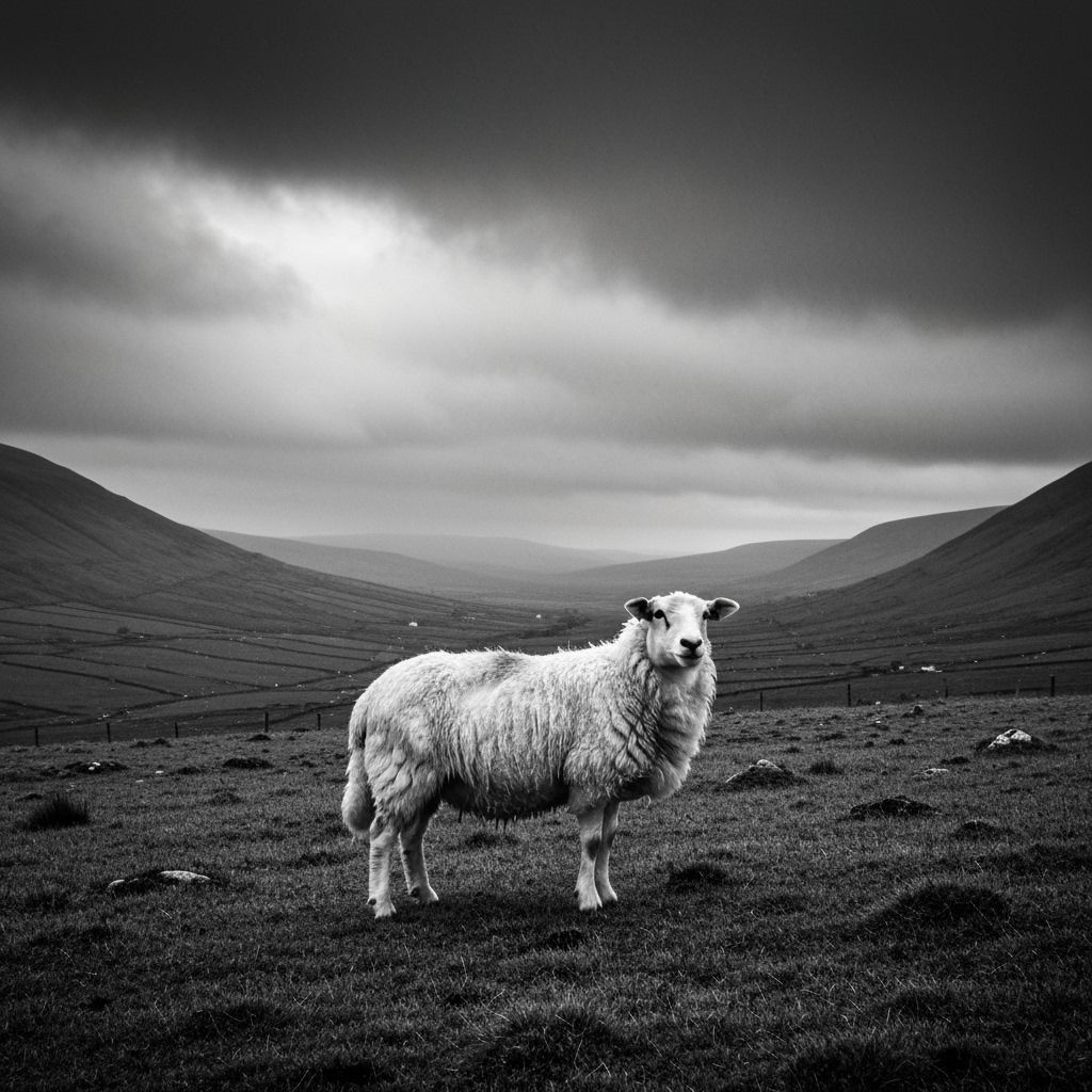 Lonely Sheep in Irish Valley: Black and White Photography