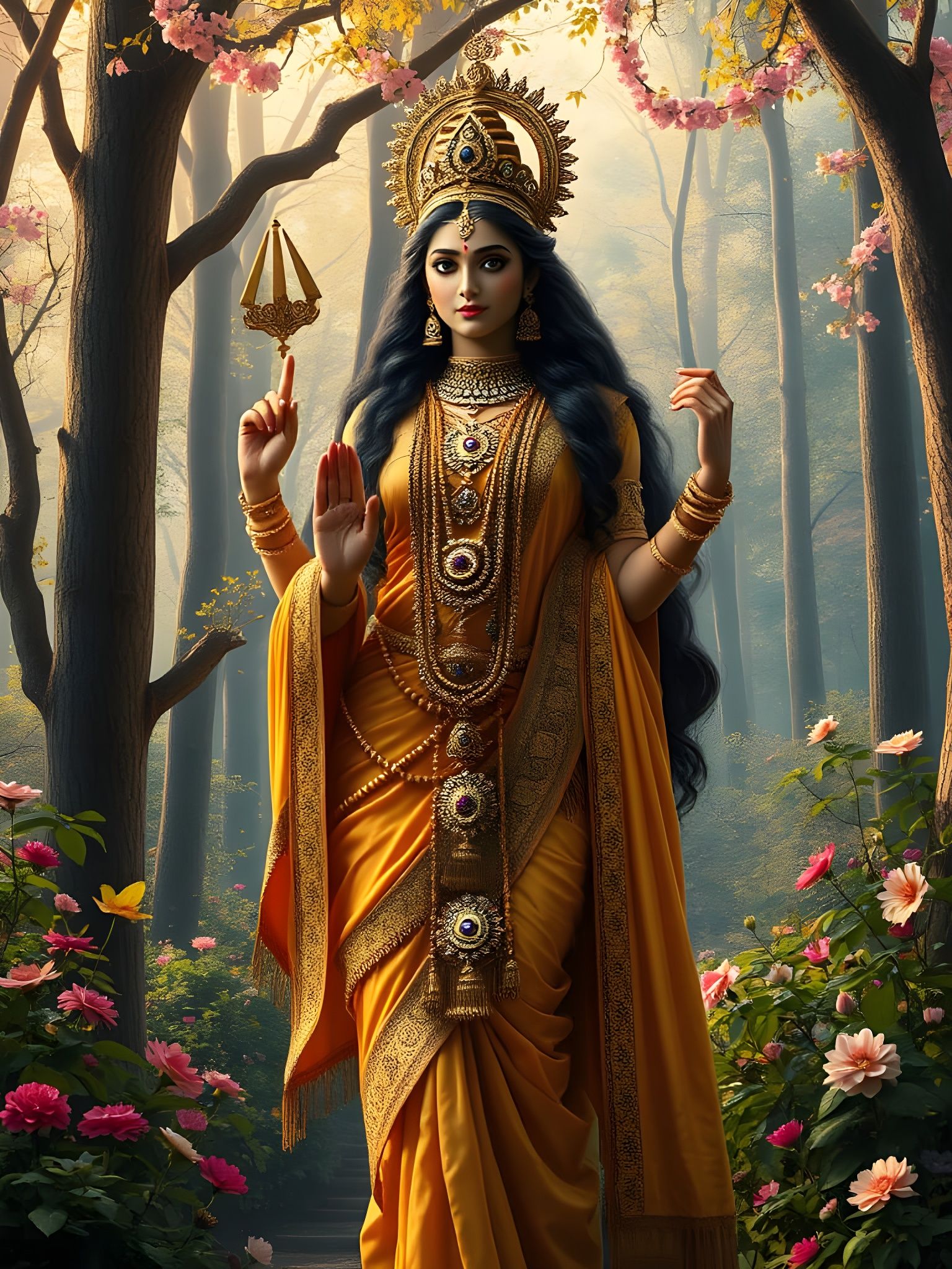 Majestic Goddess Parvati in Vibrant Forest