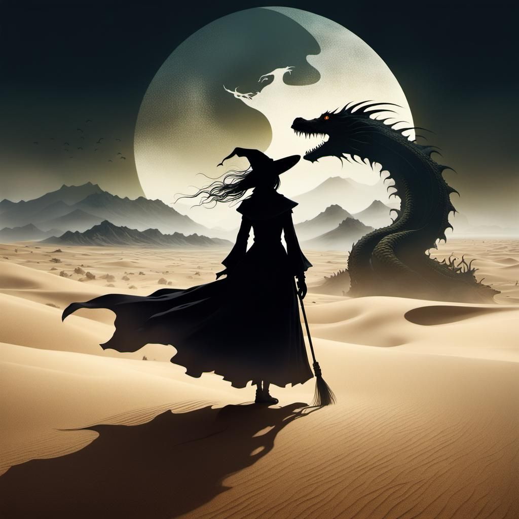 Witch Faces Desert Dragon in Dark Anime Fantasy