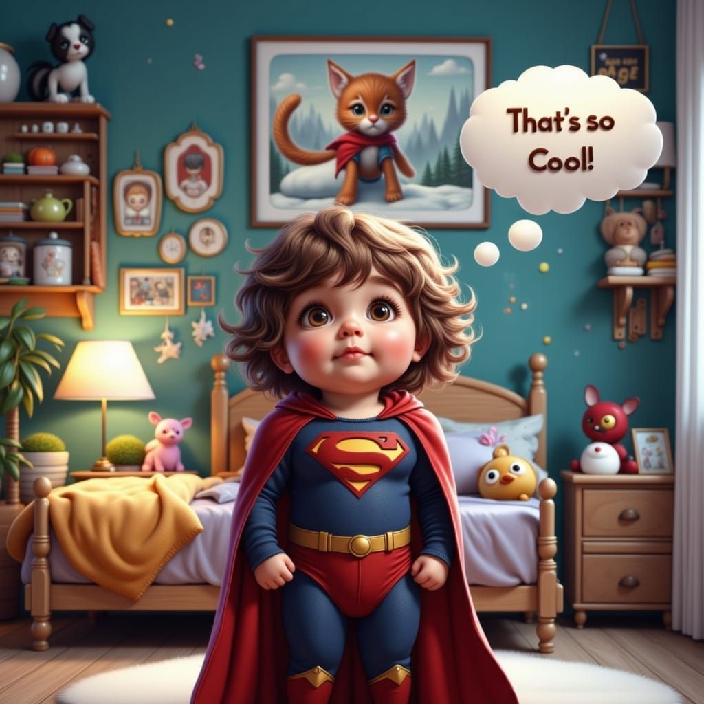 Child in Superman Costume with Thought Bubble