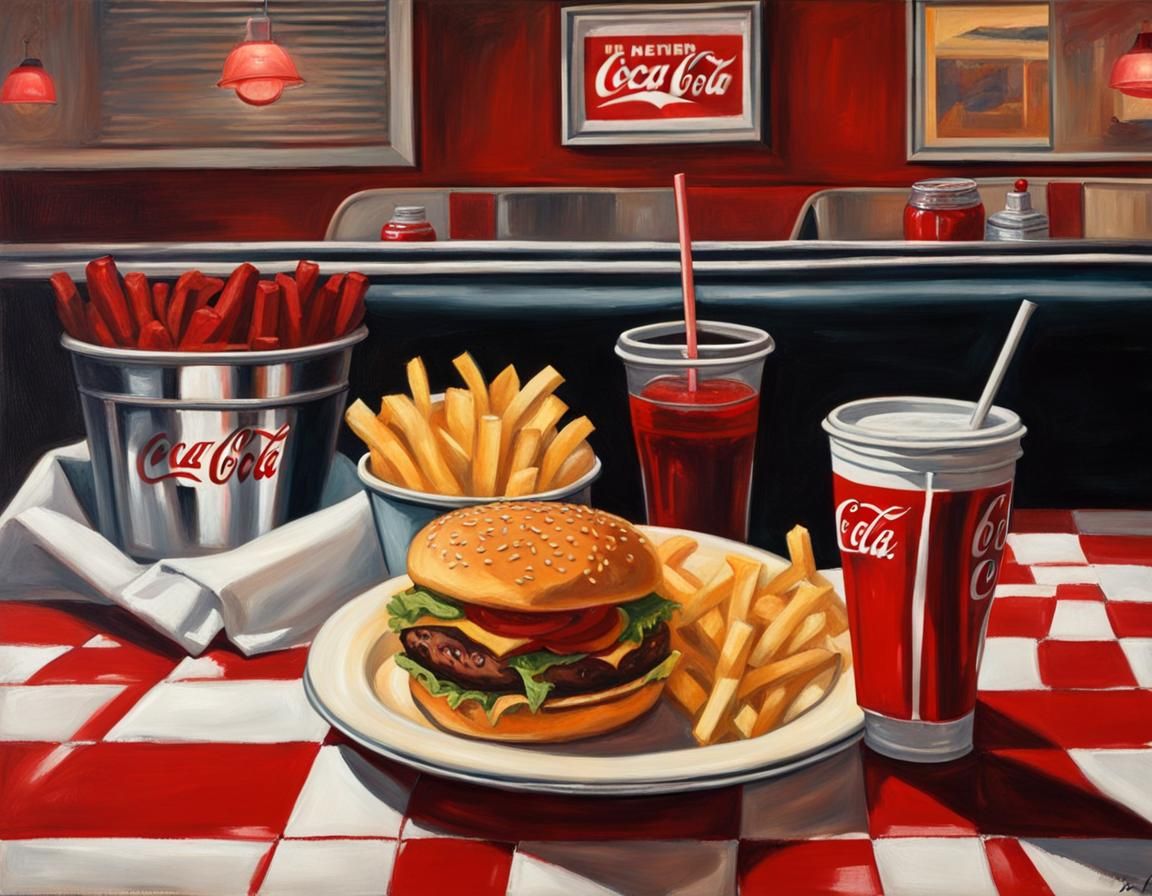 Hamburger and Fries in a 1950s Diner Oil Painting