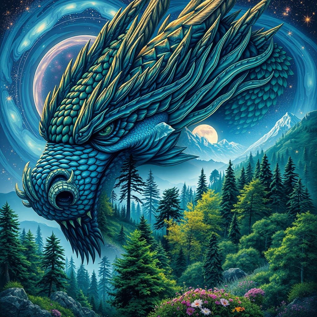 Ethereal Dragon in Lush Cosmic Landscape