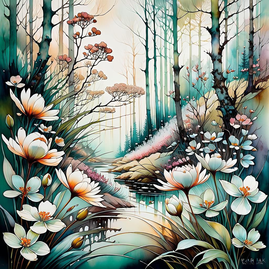 Spring flowers, forest, muted colours, pastel tones, elegance of line art, vibrancy of water...
