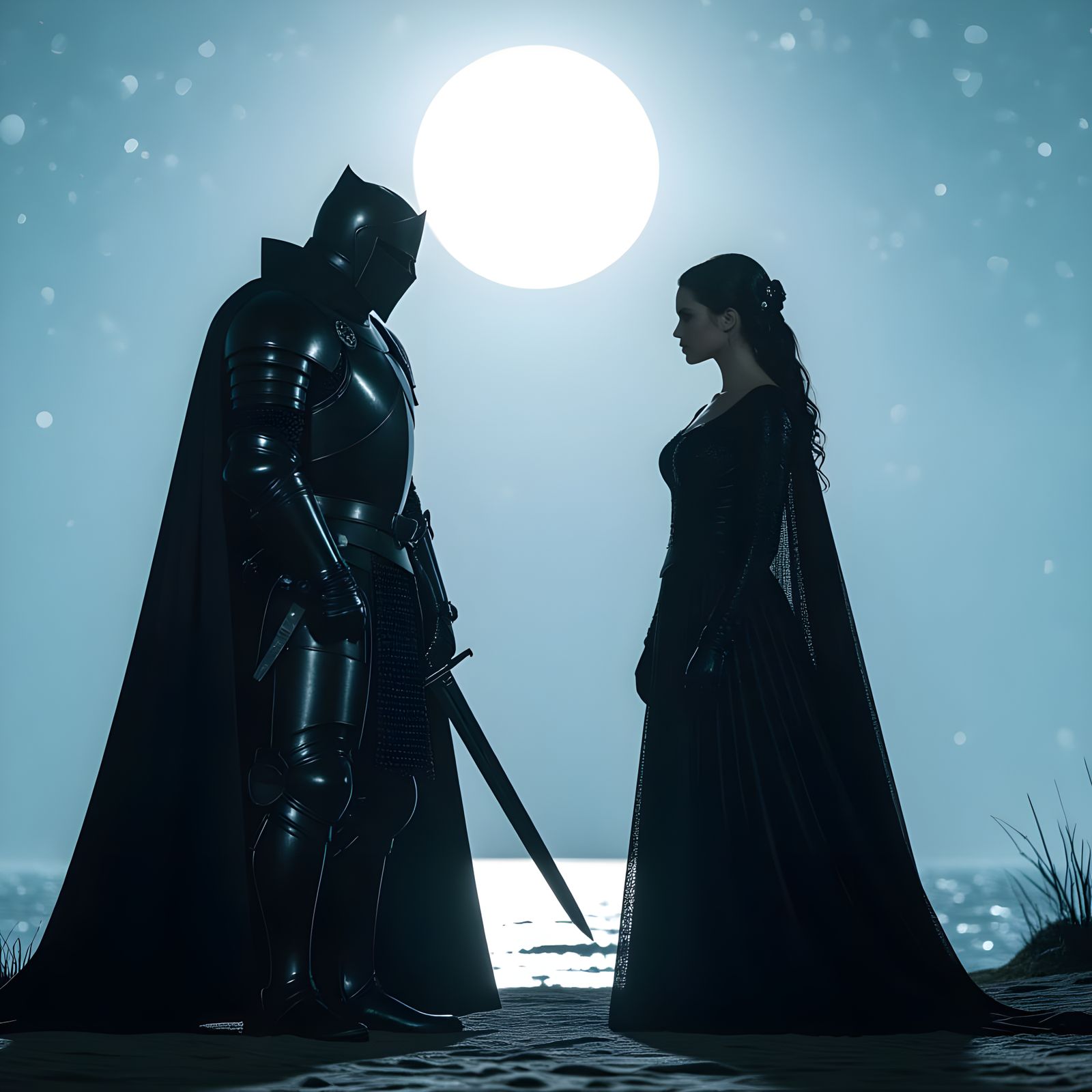 Moonlit Knights in Dark Attire: Cinematic Film Still