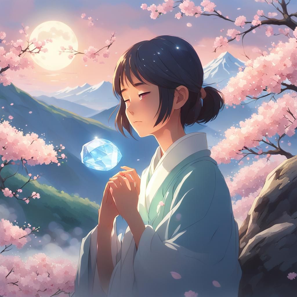 Serene Woman with Moonstone in Shinkai Anime Style