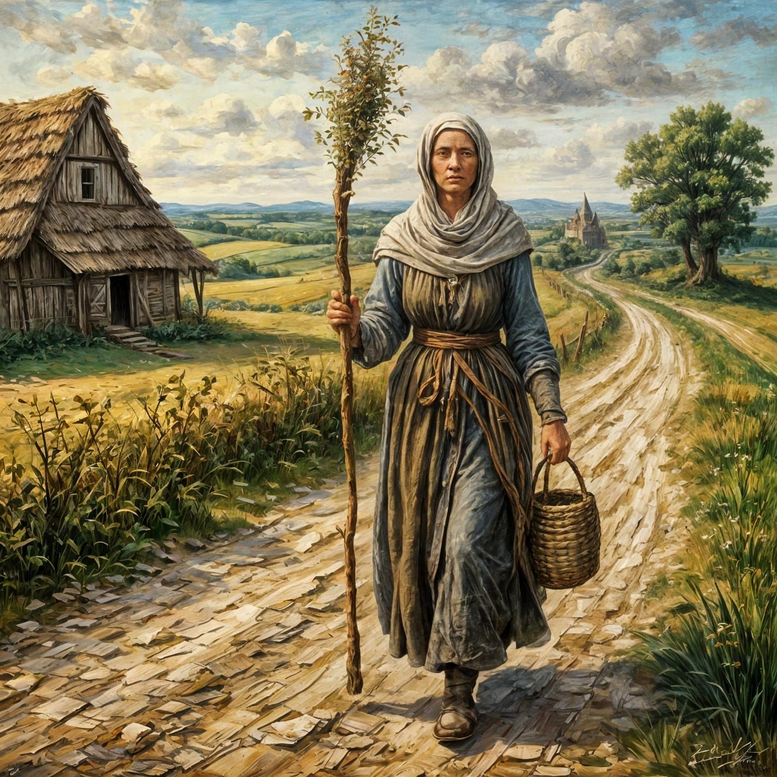 Medieval Woman Strolls Country Road in Impasto Style