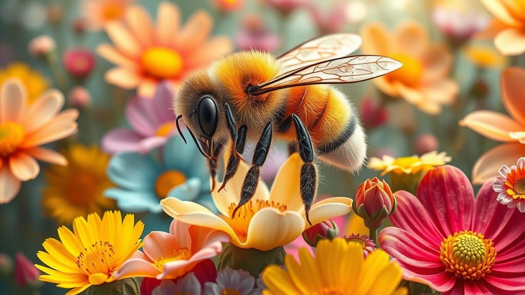 Majestic Bee in Vibrant Floral Landscape