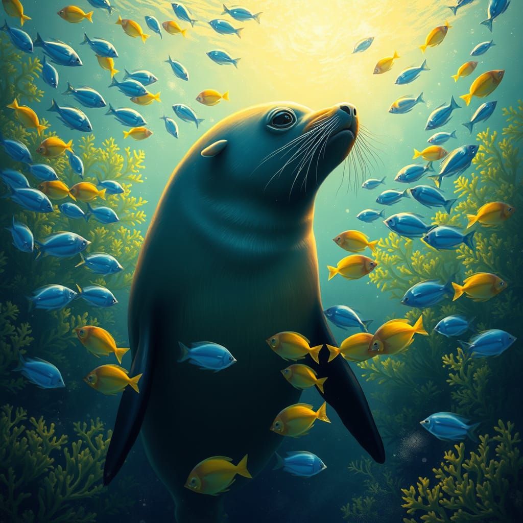 Sea Lion in Underwater Fantasy Realm