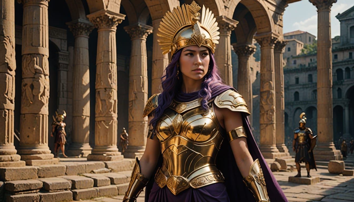 Goddess Athena Attacks in Golden Armor with Purple Hair and ...