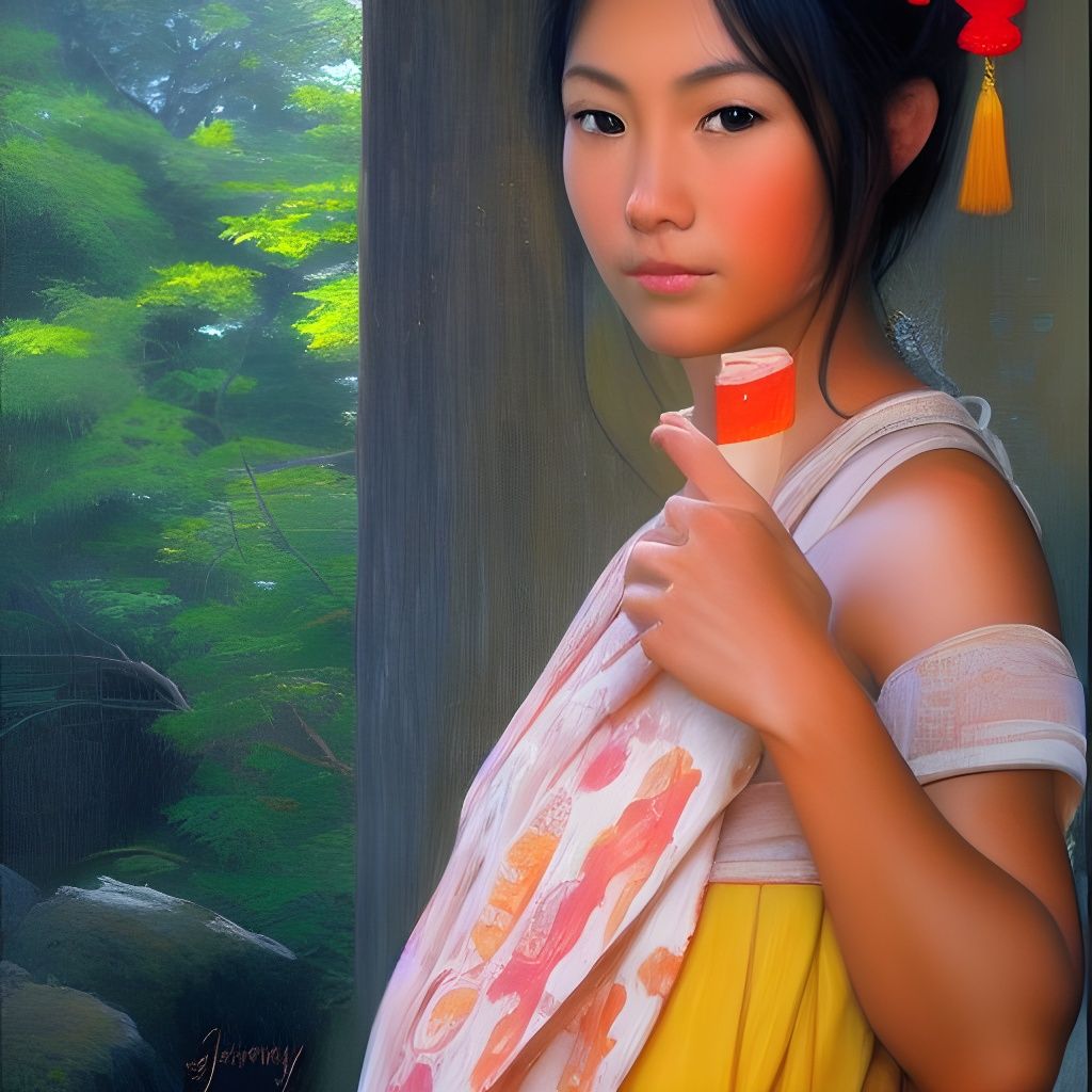 Asian Girl Portrait in Oil Painting Style