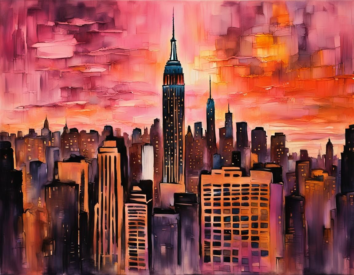 New York City at Twilight: Expressionist Oil Painting