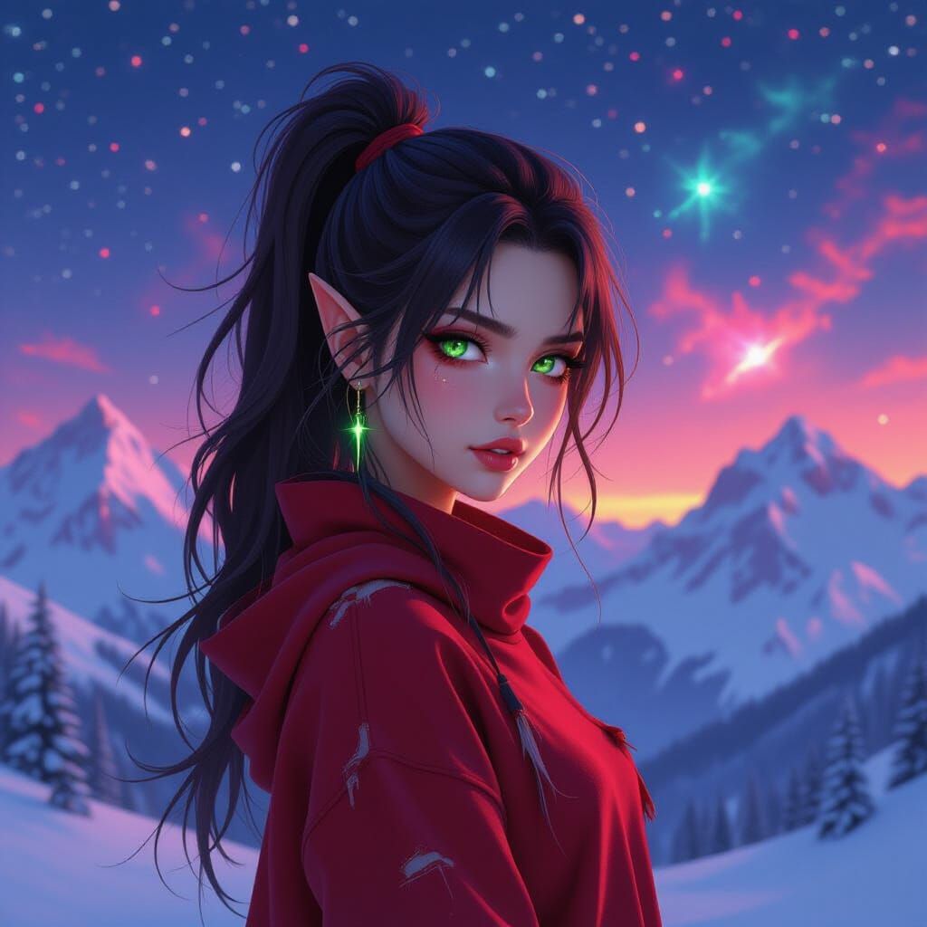 Dark Fairy in Winter Mountains Under Starry Sky