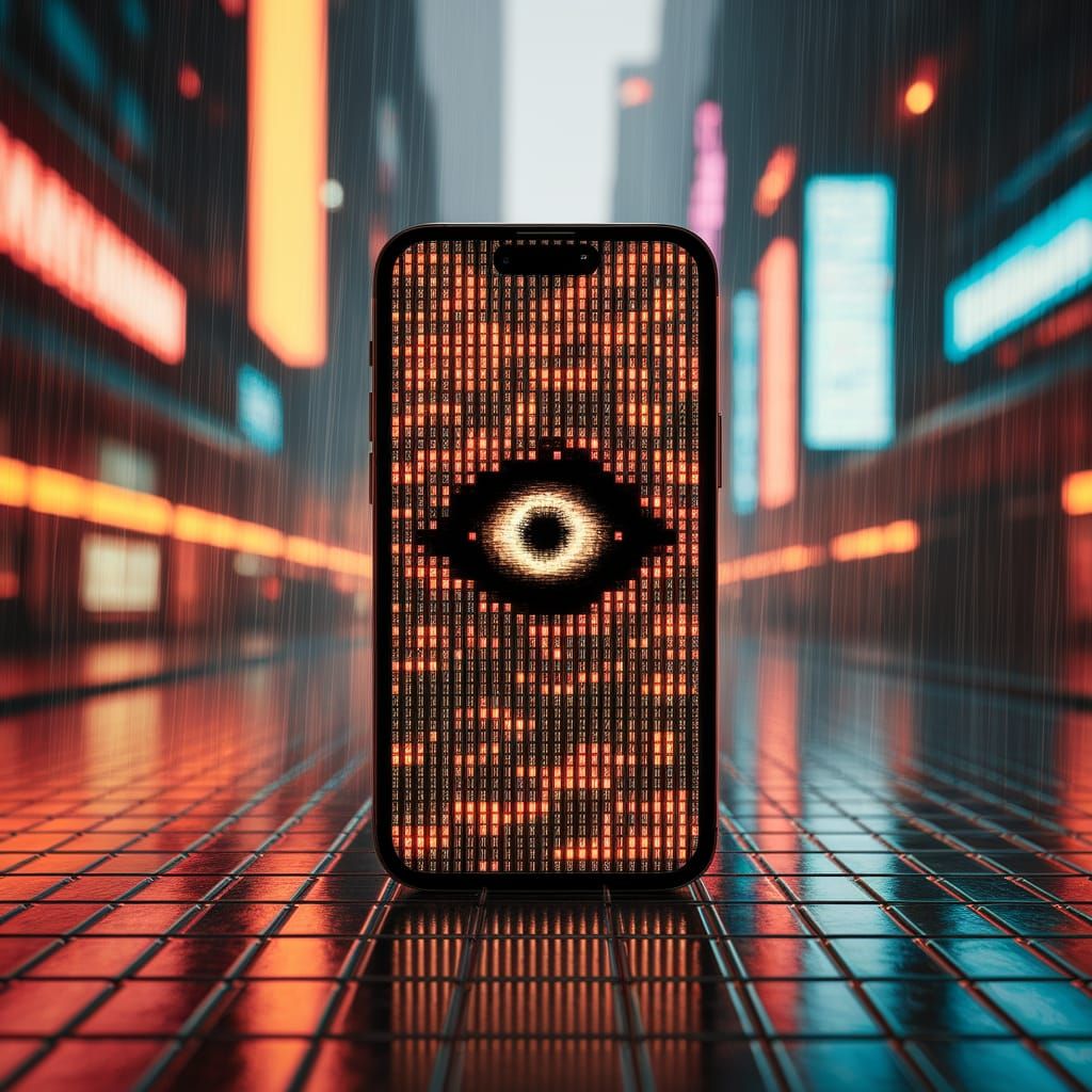 Cyberpunk Smartphone Screen with Hidden Eye Image