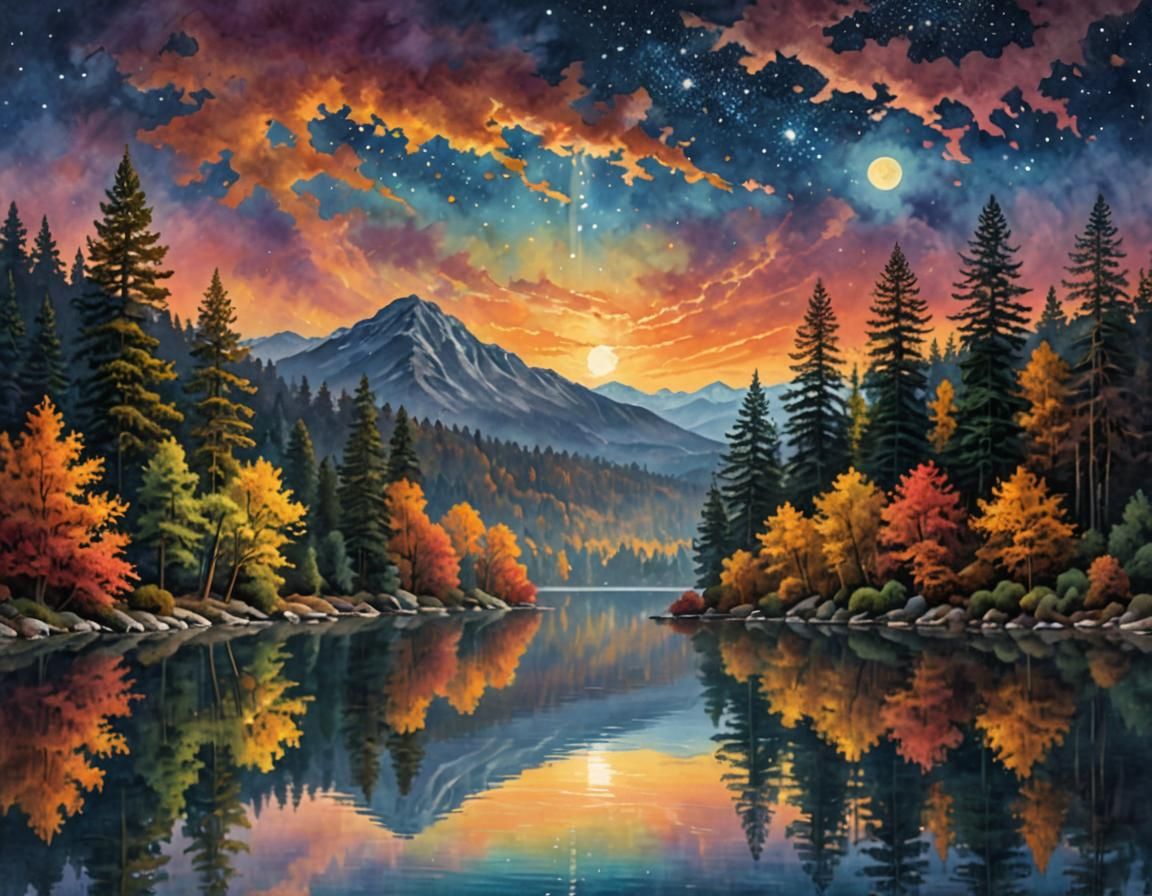 Autumnal Mountain Landscape in Watercolor Style