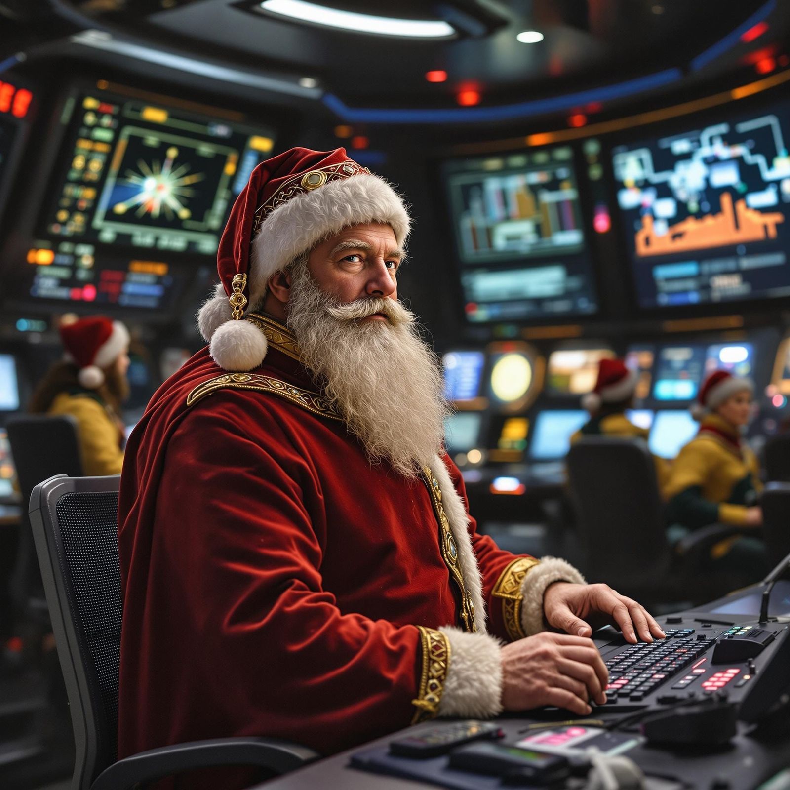 Saint Nicholas Oversees Futuristic Christmas Operations