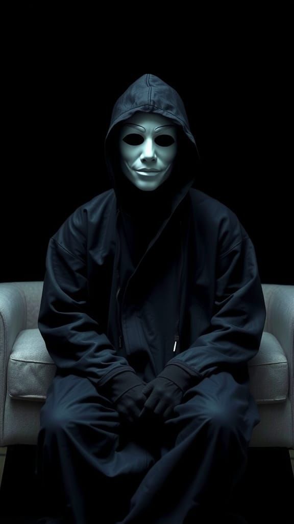 Enigmatic Portrait of Masked Figure in Black Robe