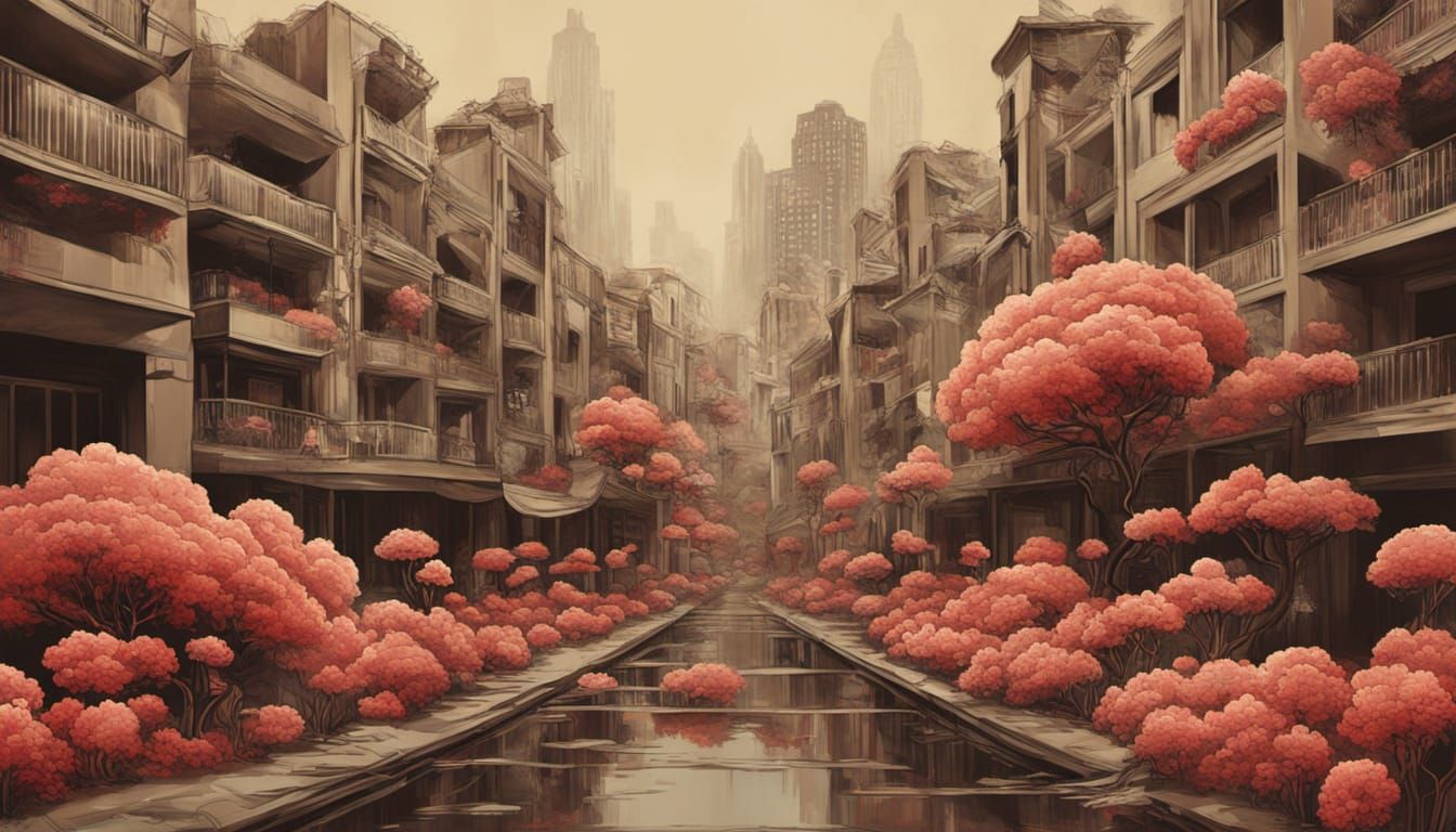 Surreal Floral Cityscape in Khaki and Sanguine Tones