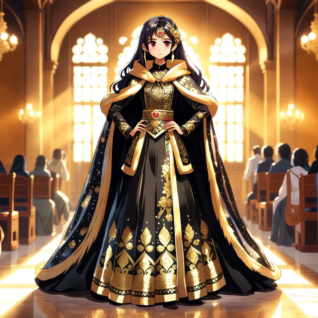 Anime Woman in Golden Fur Cloak, Studio Ghibli Style