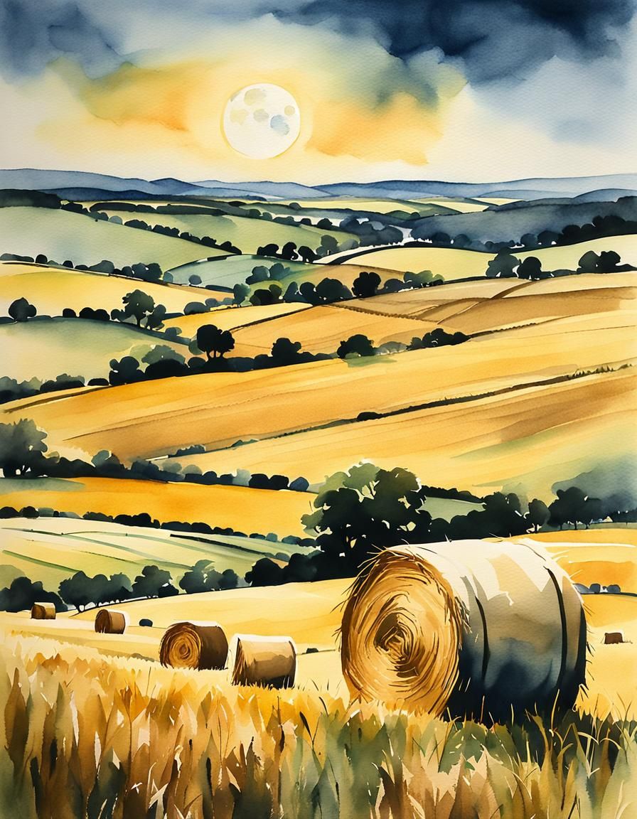 Watercolor Landscape of Hay Field with Golden Bales