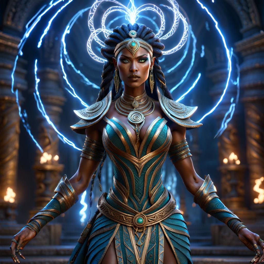 enchantress in spiral lightning background