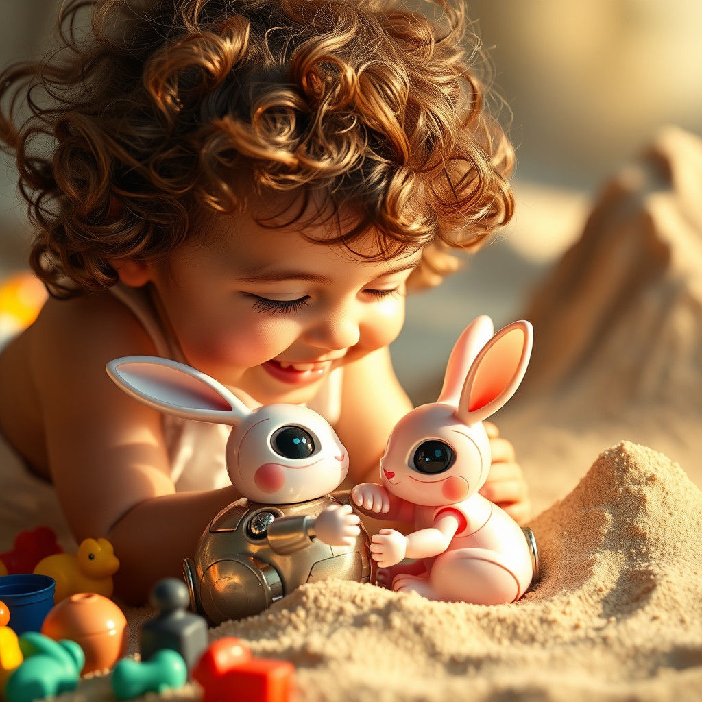 Child with Robot Bunny Toy, Dreamlike Scene