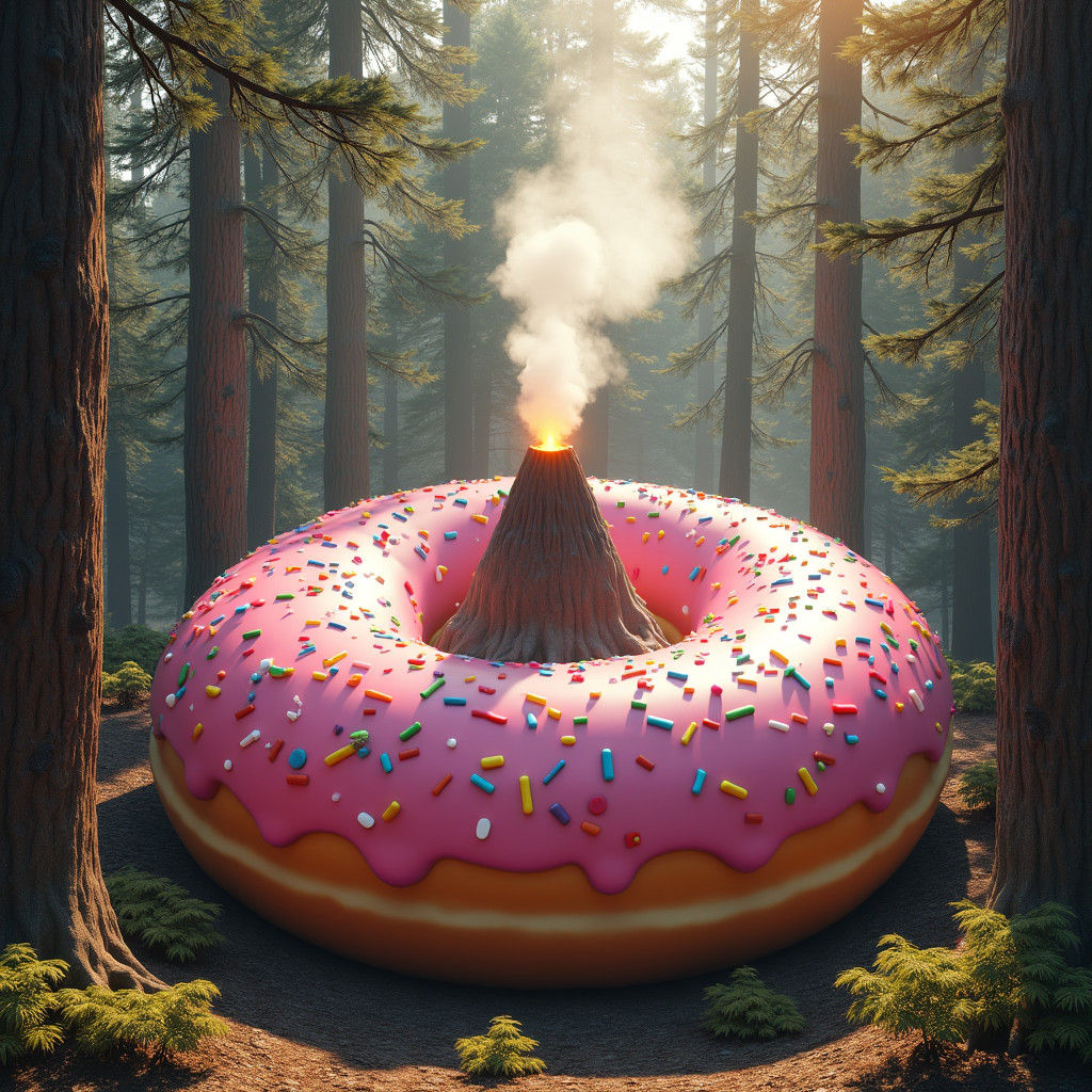 Gigantic Doughnut Volcano in Pine Forest, Hyperrealistic