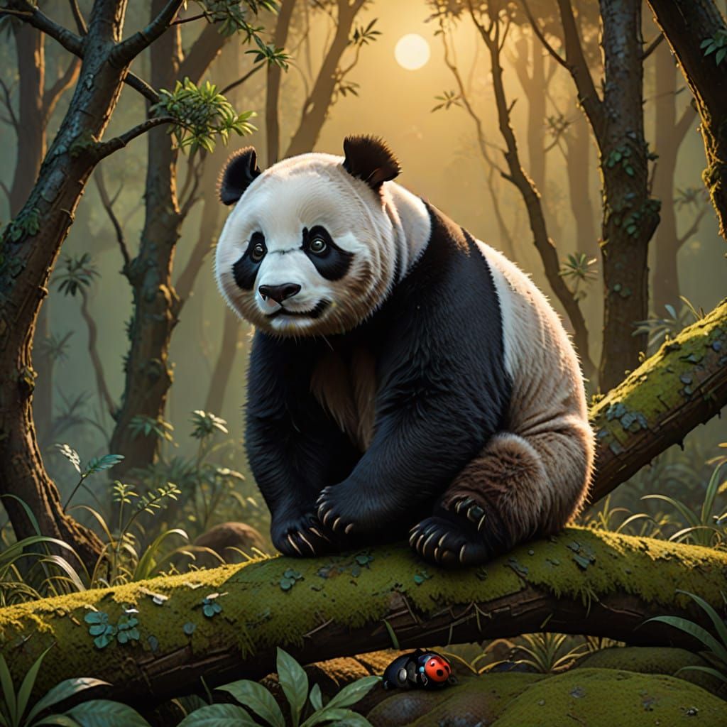 Enchanted Jungle Sunset with Fluffy Panda and Ladybug