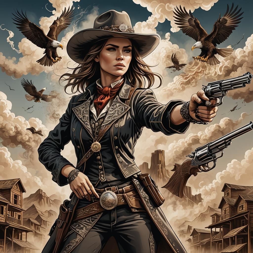 Female Gunslinger Ready for Duel in Wild West Town
