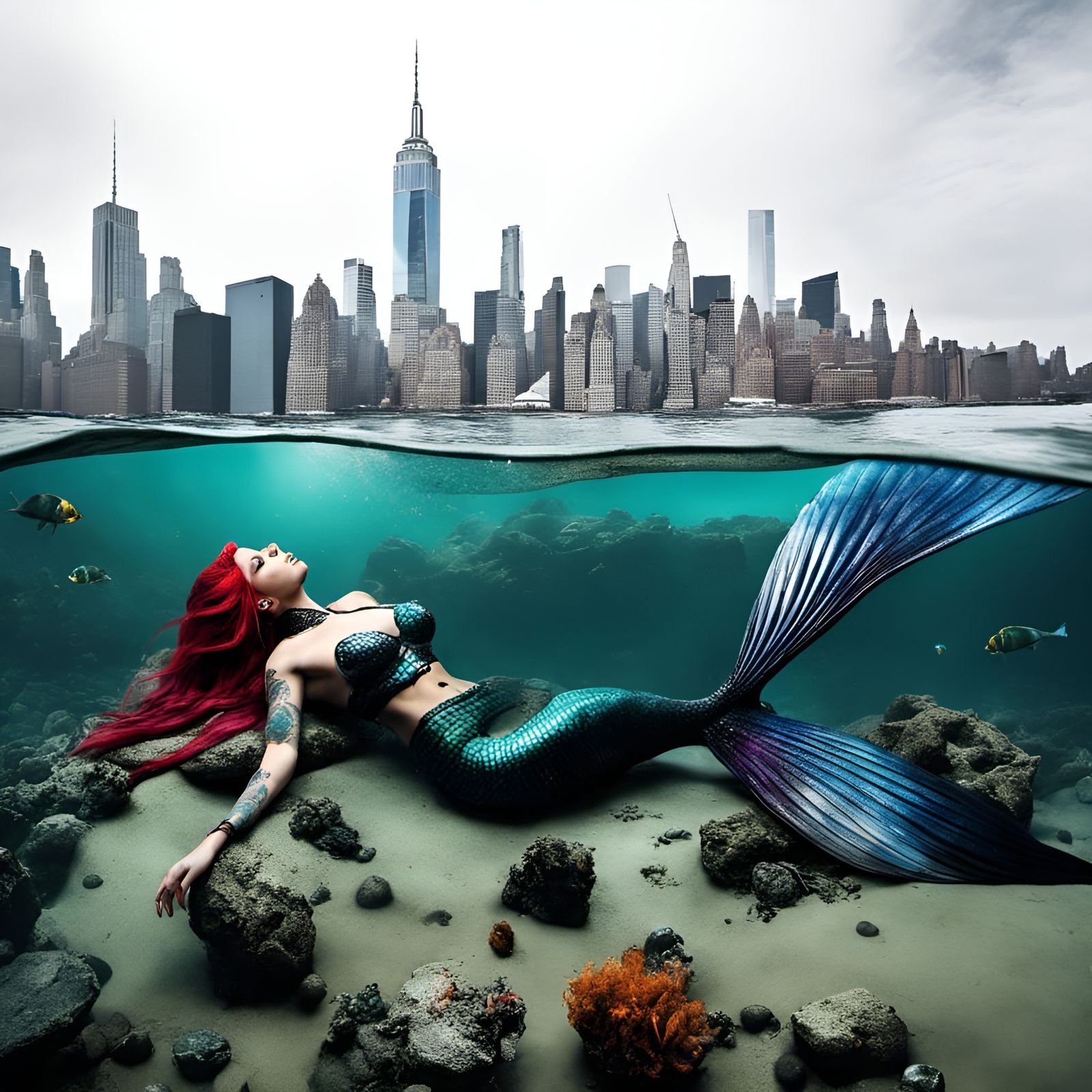 Cyberpunk Mermaid in Toxic Underwater Cityscape