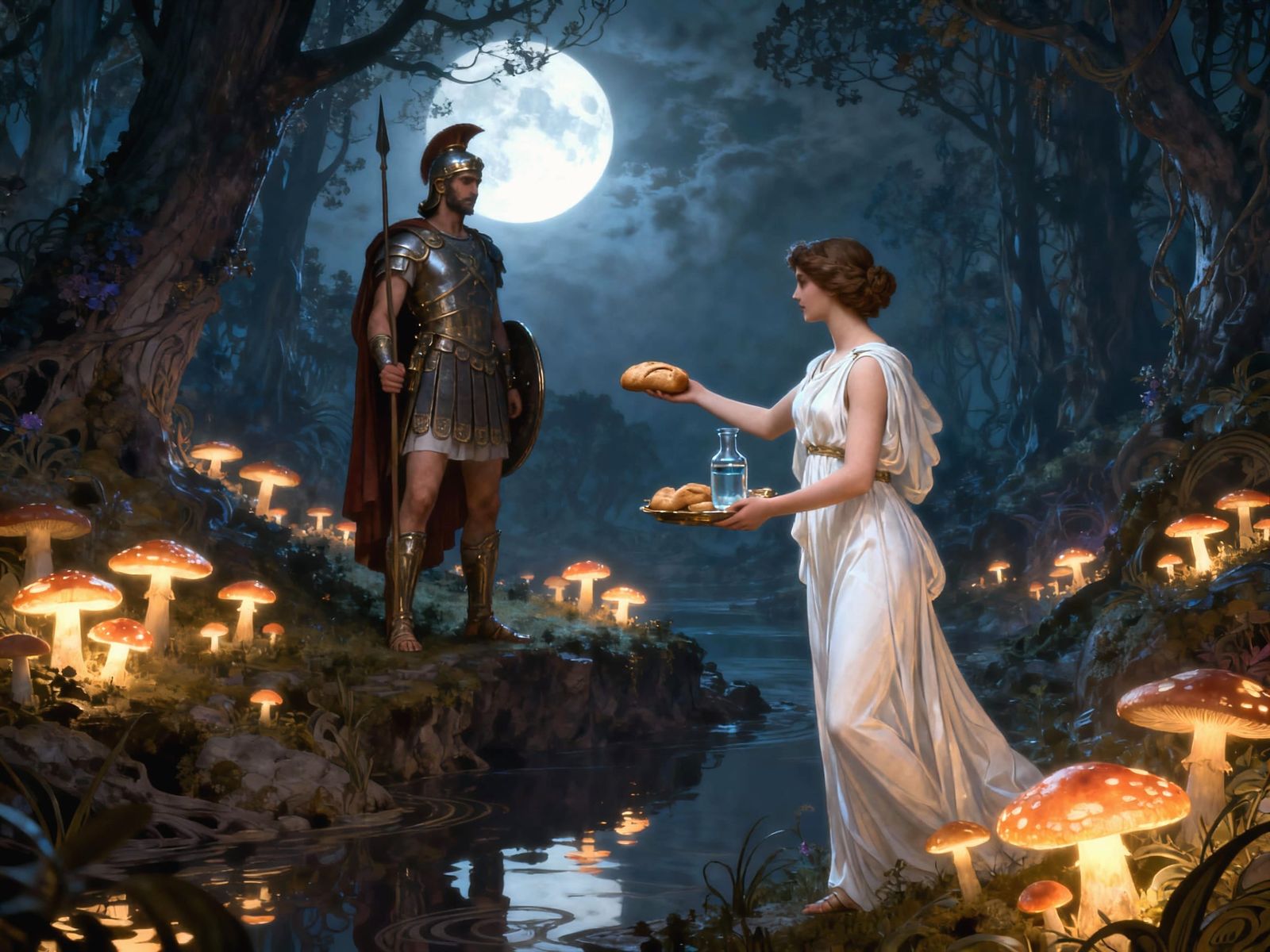 Greek Lady Approaches Soldier in Enchanted Forest