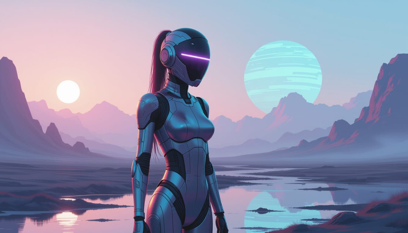 Martian-Venusian Cyborg in Misty Neon Landscape